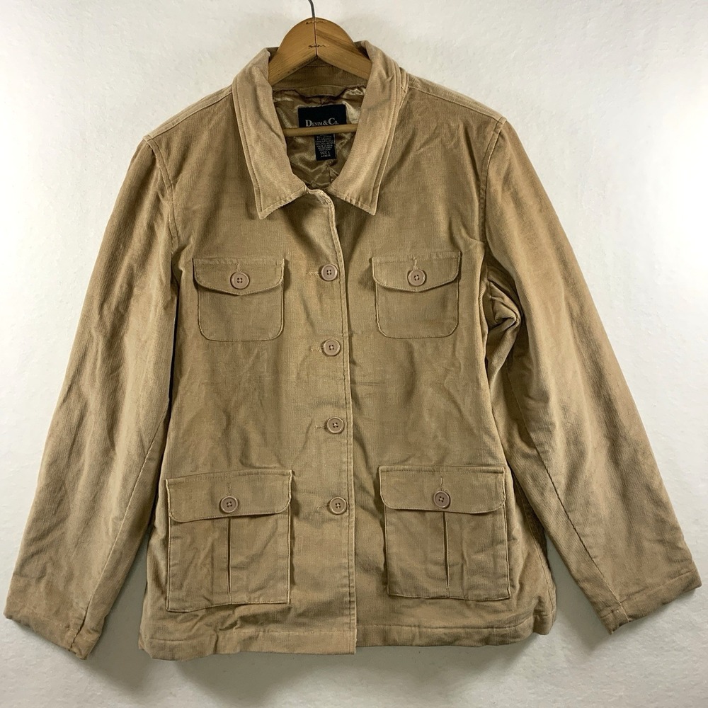 Womens Y2K Corduroy Safari Field Jacket Large Tan Quilt Lined Utility Preppy